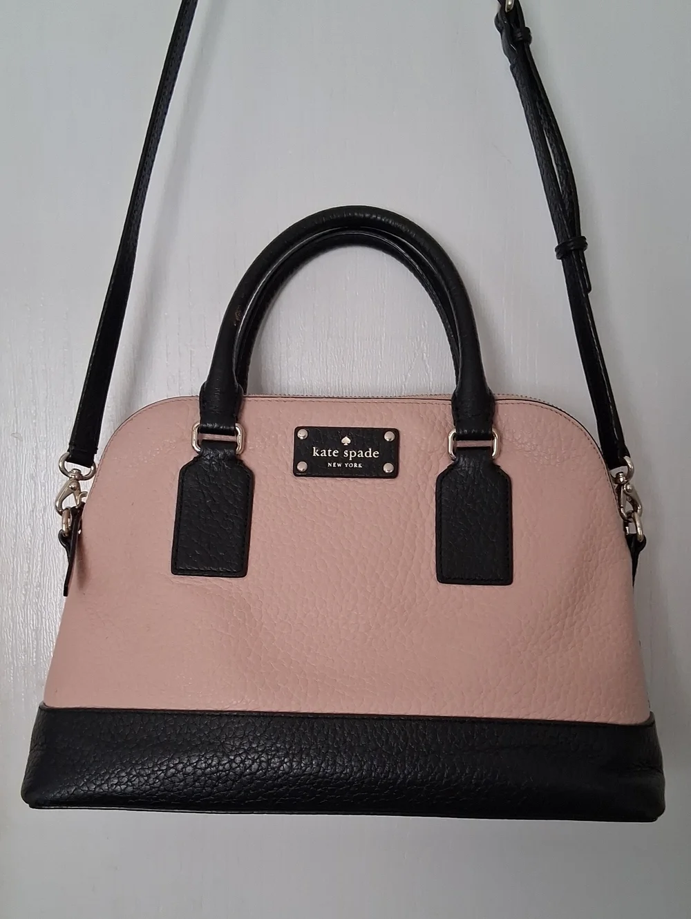 Kate Spade Pink & Black Pebbled Leather Convertible Satchel Xbody Zip Top Bag